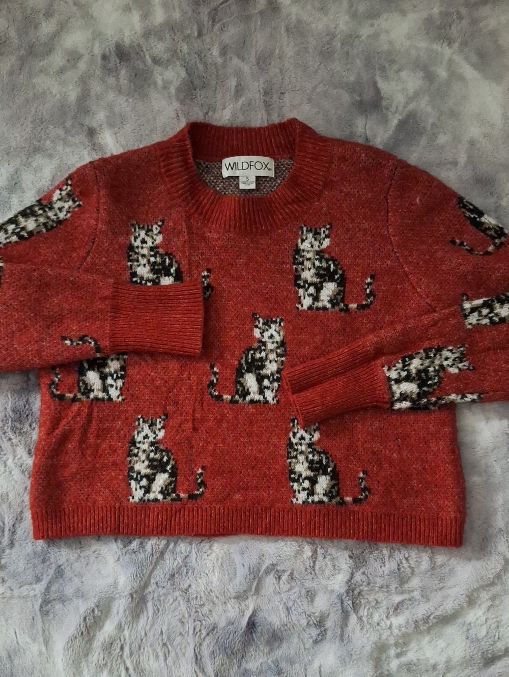 Wildfox Red Cat-Pattern Crewneck Sweater HTF Rare Cropped Fit Cute Pullover